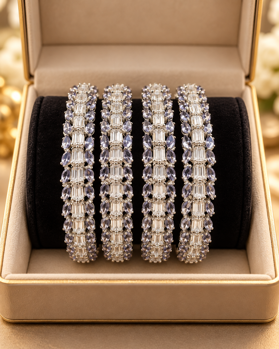 Silver and gray 4-piece bangle set in jewellery box