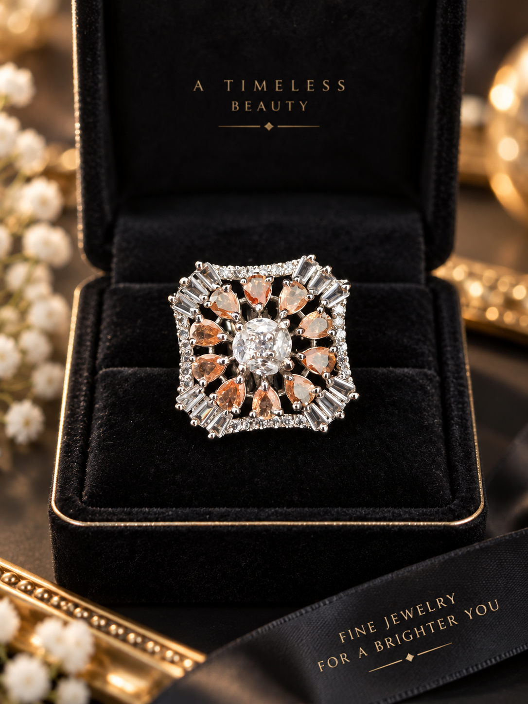 Peach Crystal Floral Statement Ring | Silver-Tone Luxury Cocktail Ring