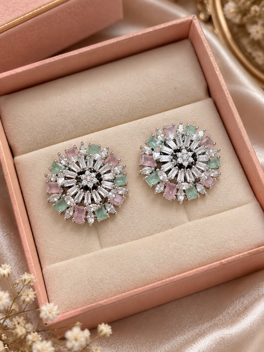 Luxury Round AD Top Studs – Mint Pink & Clear Zircon Earrings for Party Wear 022