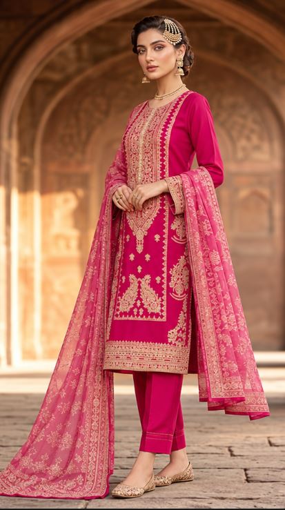 Detail view of pink embroidered cotton kameez and printed chiffon dupatta