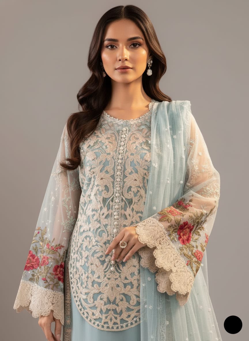 Sky Blue Luxury Organza Cutwork 3pc Party Wear - Embroidered Net Dupatta with Grip Trouser