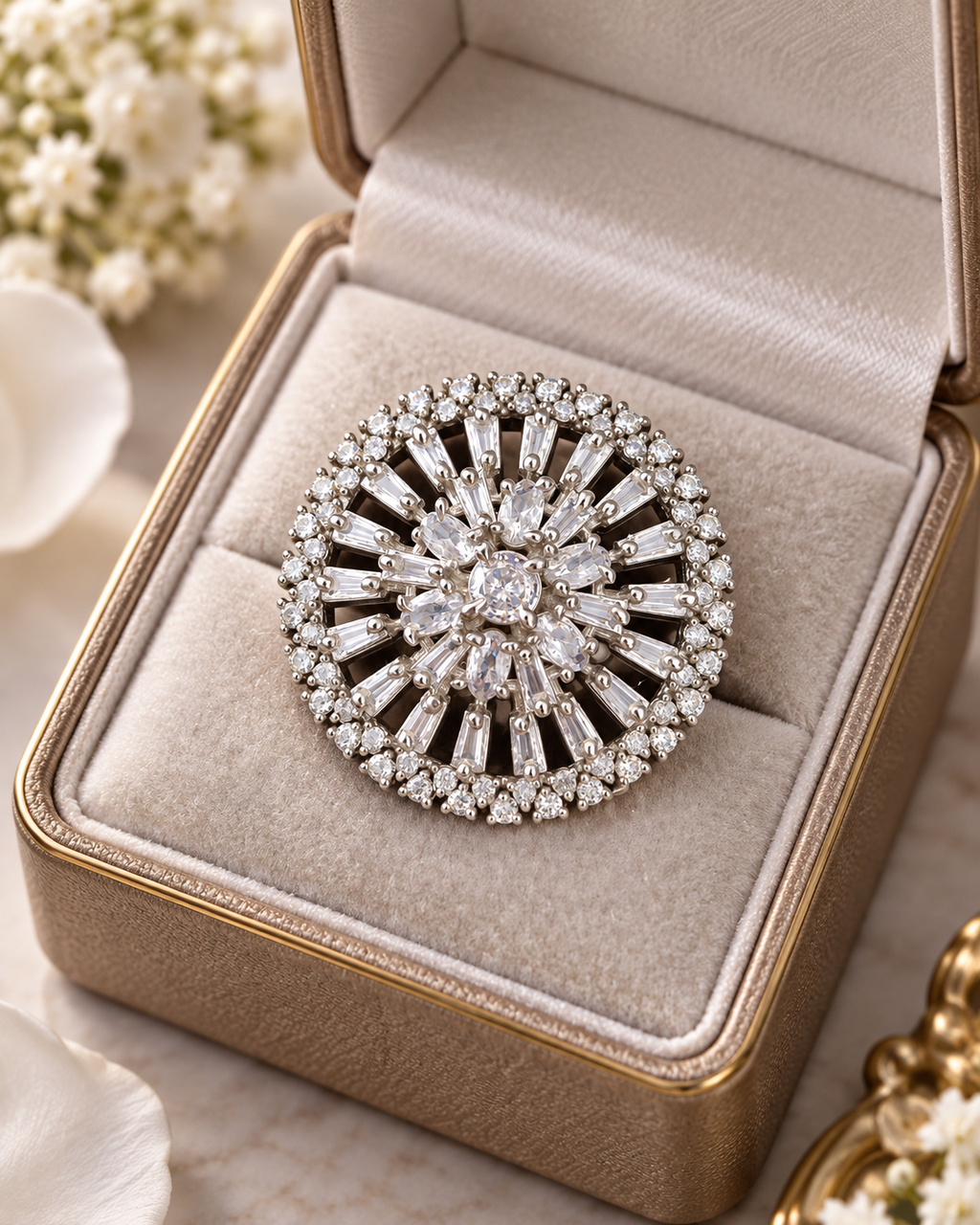 Luxury Silver Crystal Statement Ring | Radiant Floral Baguette Design