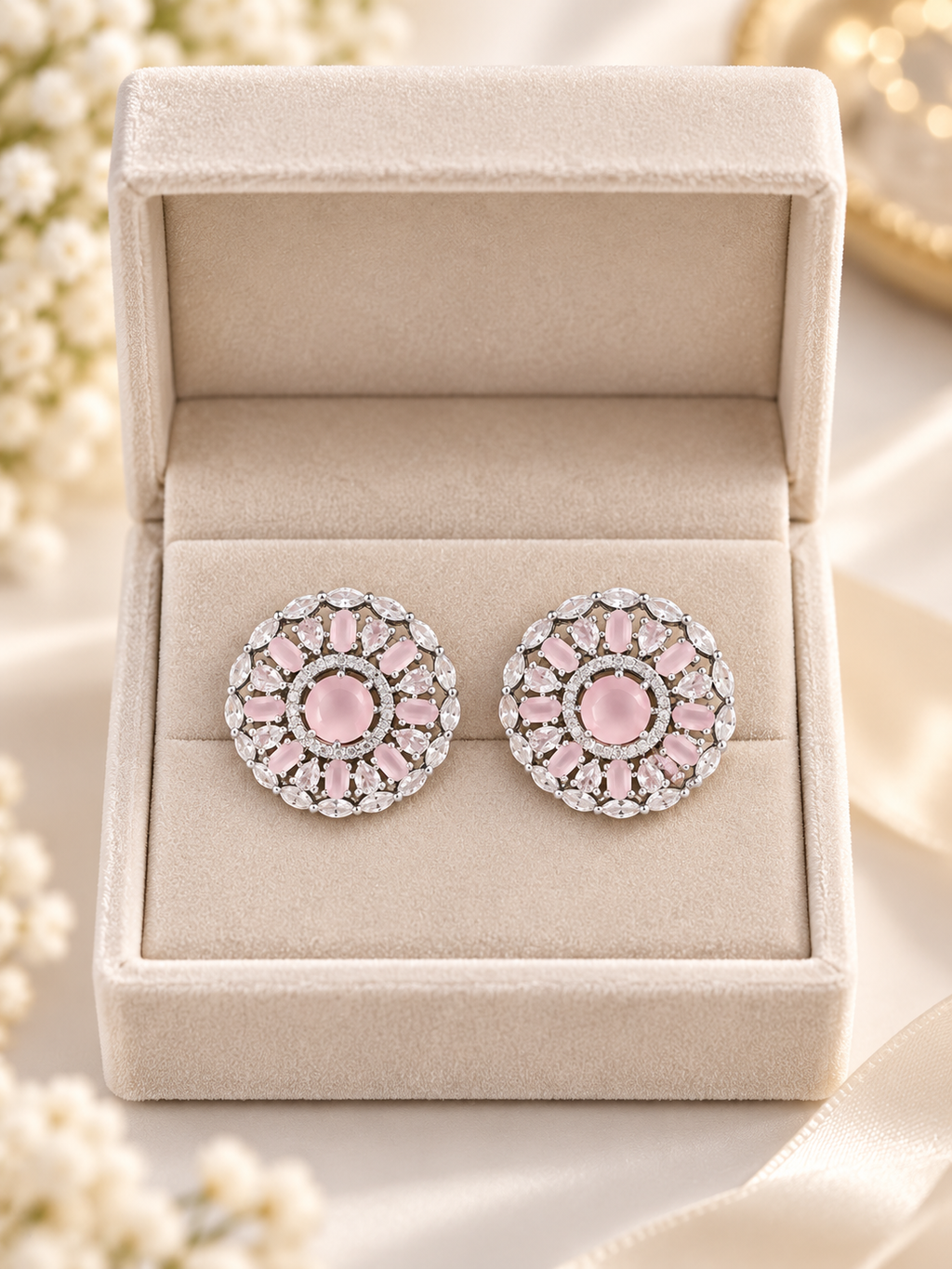Blush Pink Round Crystal Stud Earrings | Silver-Tone Floral Statement Earrings