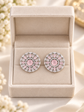 Blush Pink Round Crystal Stud Earrings | Silver-Tone Floral Statement Earrings