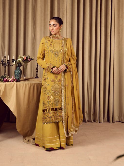 Mustard embroidered chiffon three-piece suit with wide-leg palazzo and dupatta