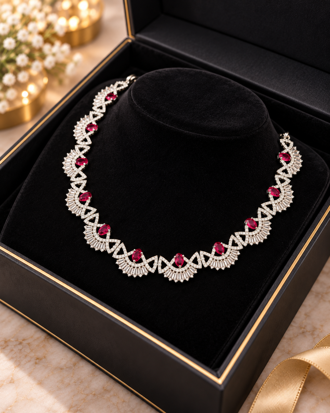 Alternate angle of silver-colour statement necklace with red stones in black jewellery box