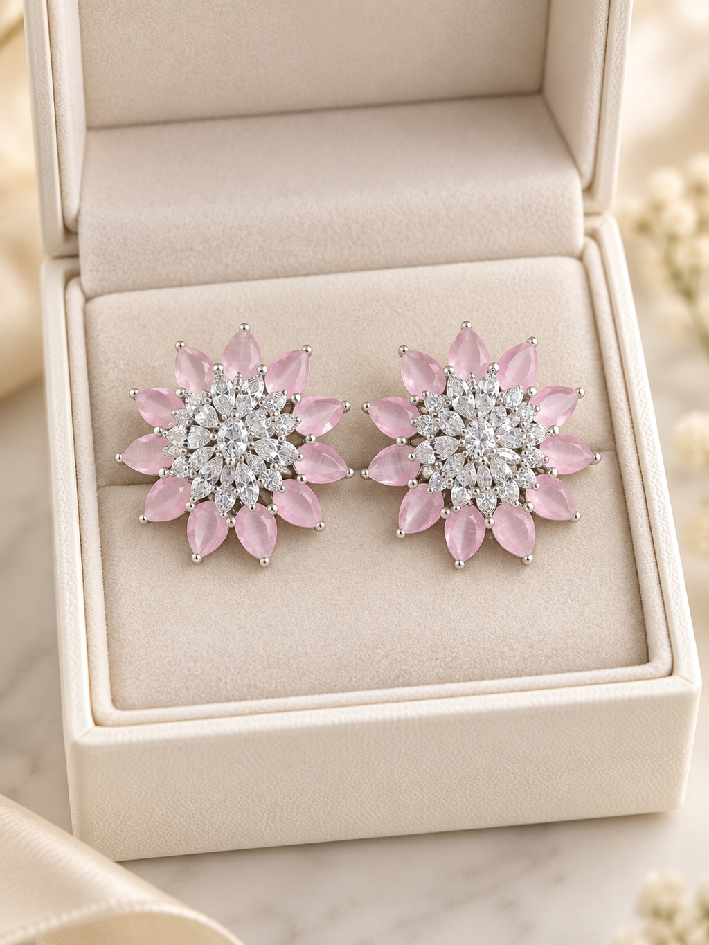Blush Pink Crystal Floral Stud Earrings | Silver-Tone Statement Earrings