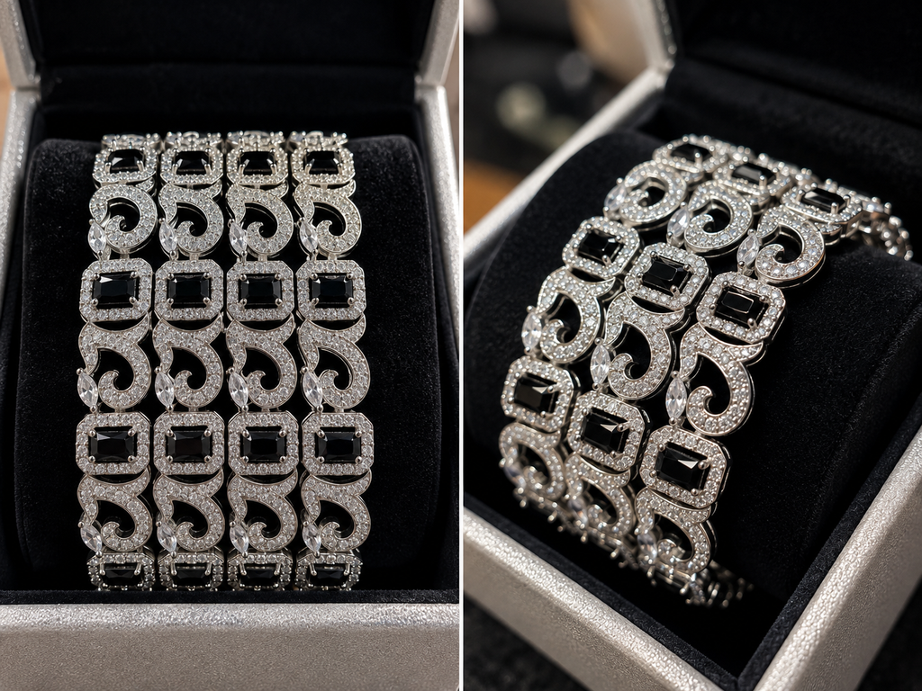 Silver and black bangles close up