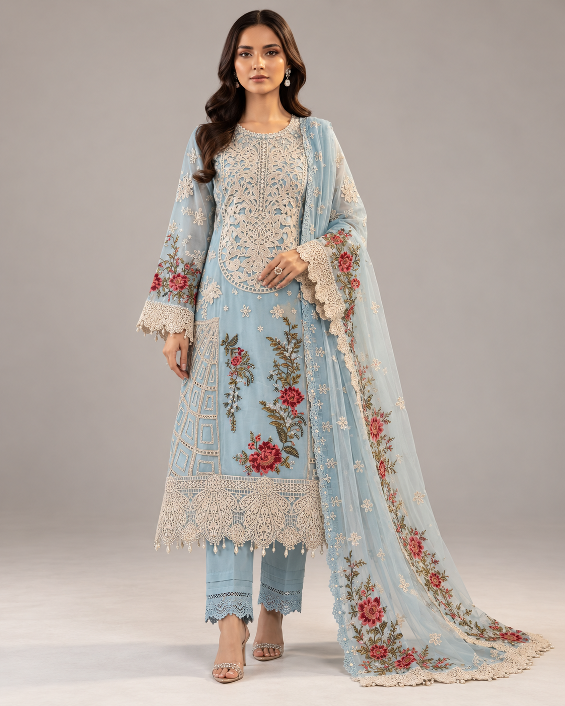 Sky Blue Luxury Organza Cutwork 3pc Party Wear - Embroidered Net Dupatta with Grip Trouser
