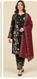 So Kamal black floral lawn three-piece suit with maroon dupatta
