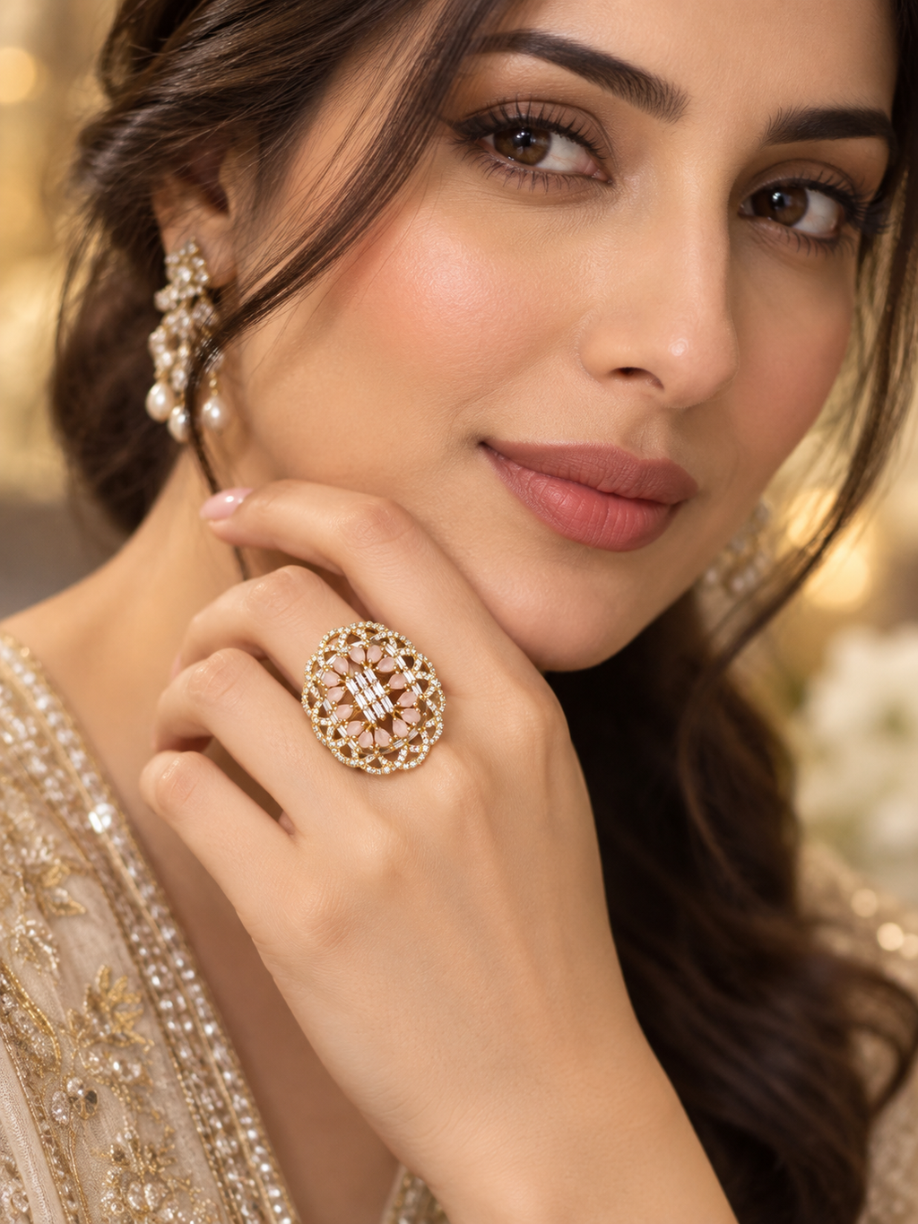 Blush Pink Crystal Statement Ring | Gold-Tone Floral Cocktail Ring