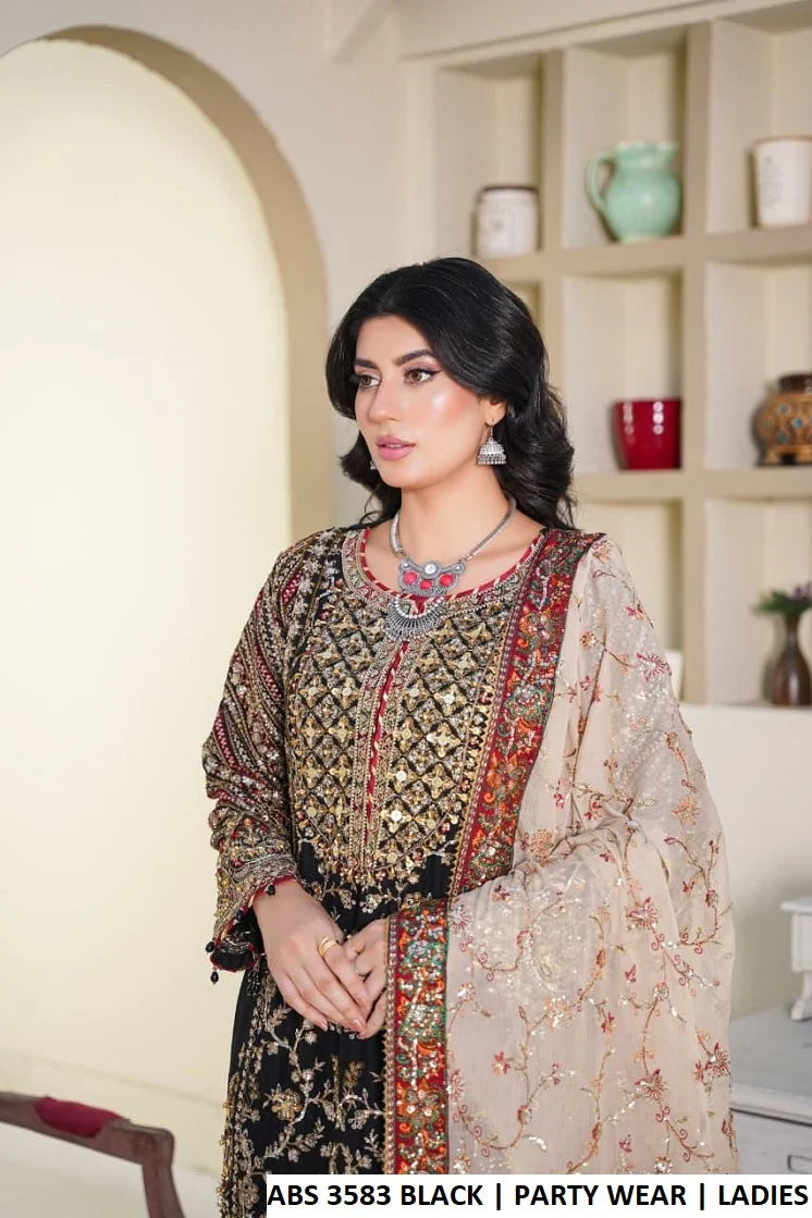 3pc Chiffon Embroidered Adda Work Suit JET BLACK 151