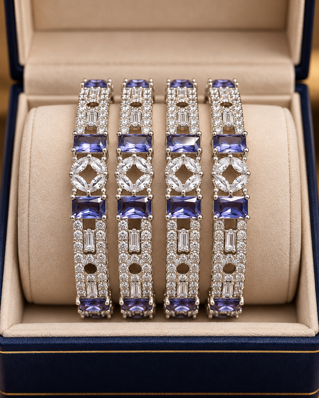 Silver and purple stone 4-piece bangle set in jewellery box