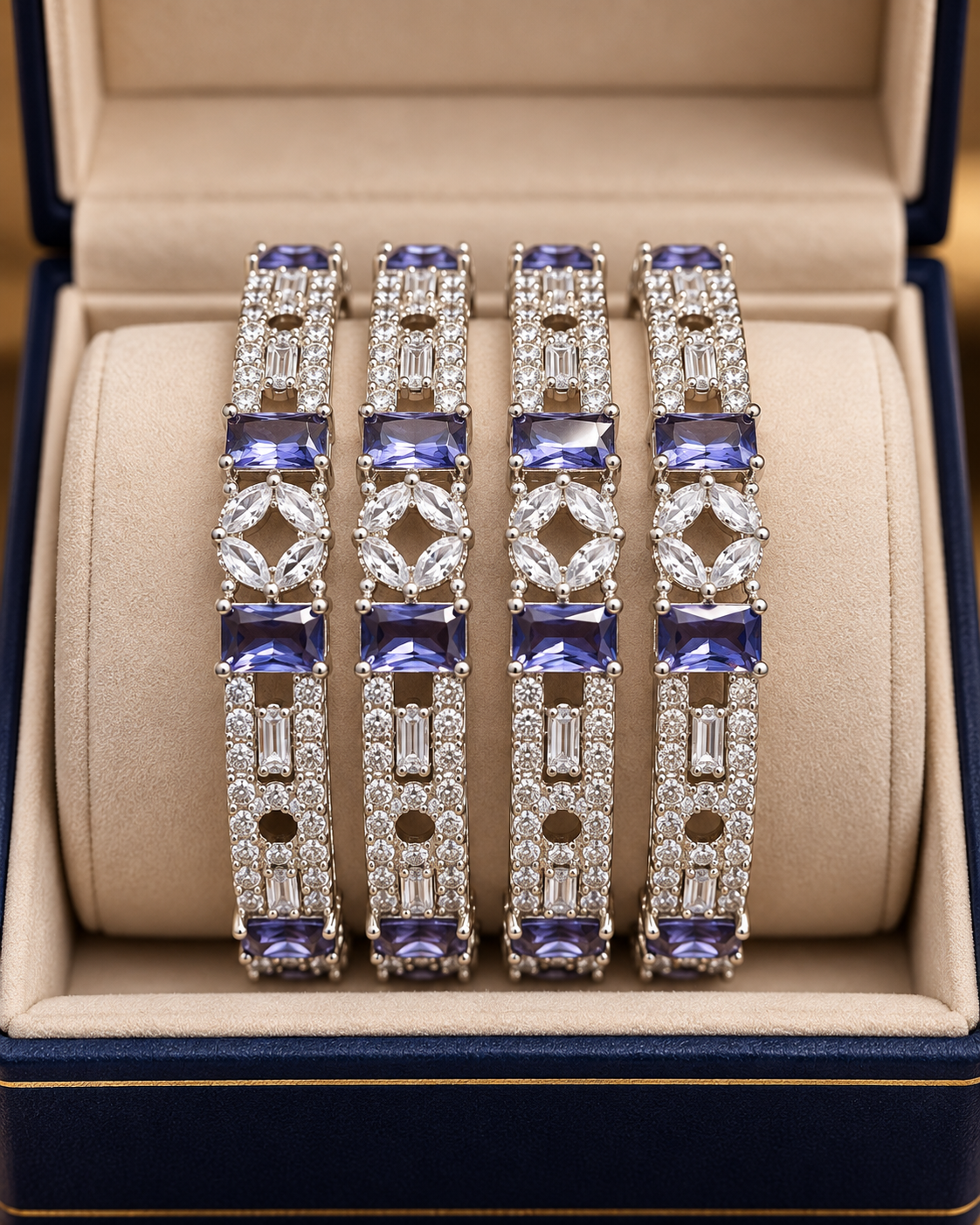 Silver and purple stone 4-piece bangle set in jewellery box