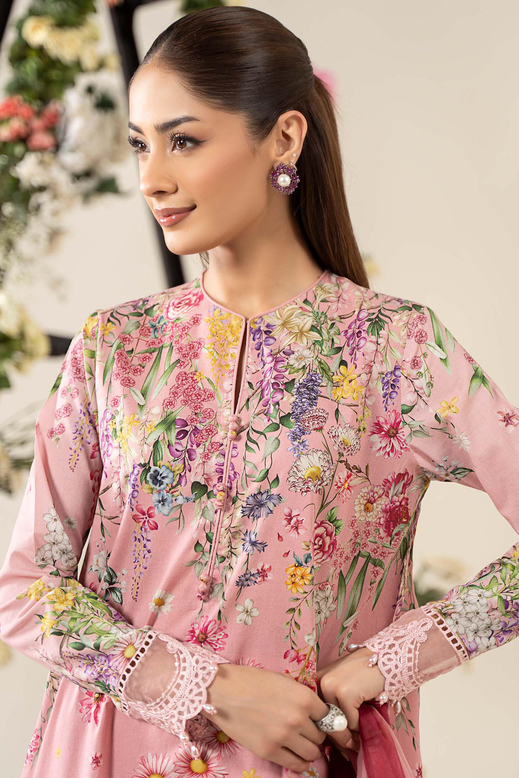 Blush Pink Luxury Silk 3pc Suit - Embroidered Border & Printed Dupatta with Tassels - Ready to Wear Ireland