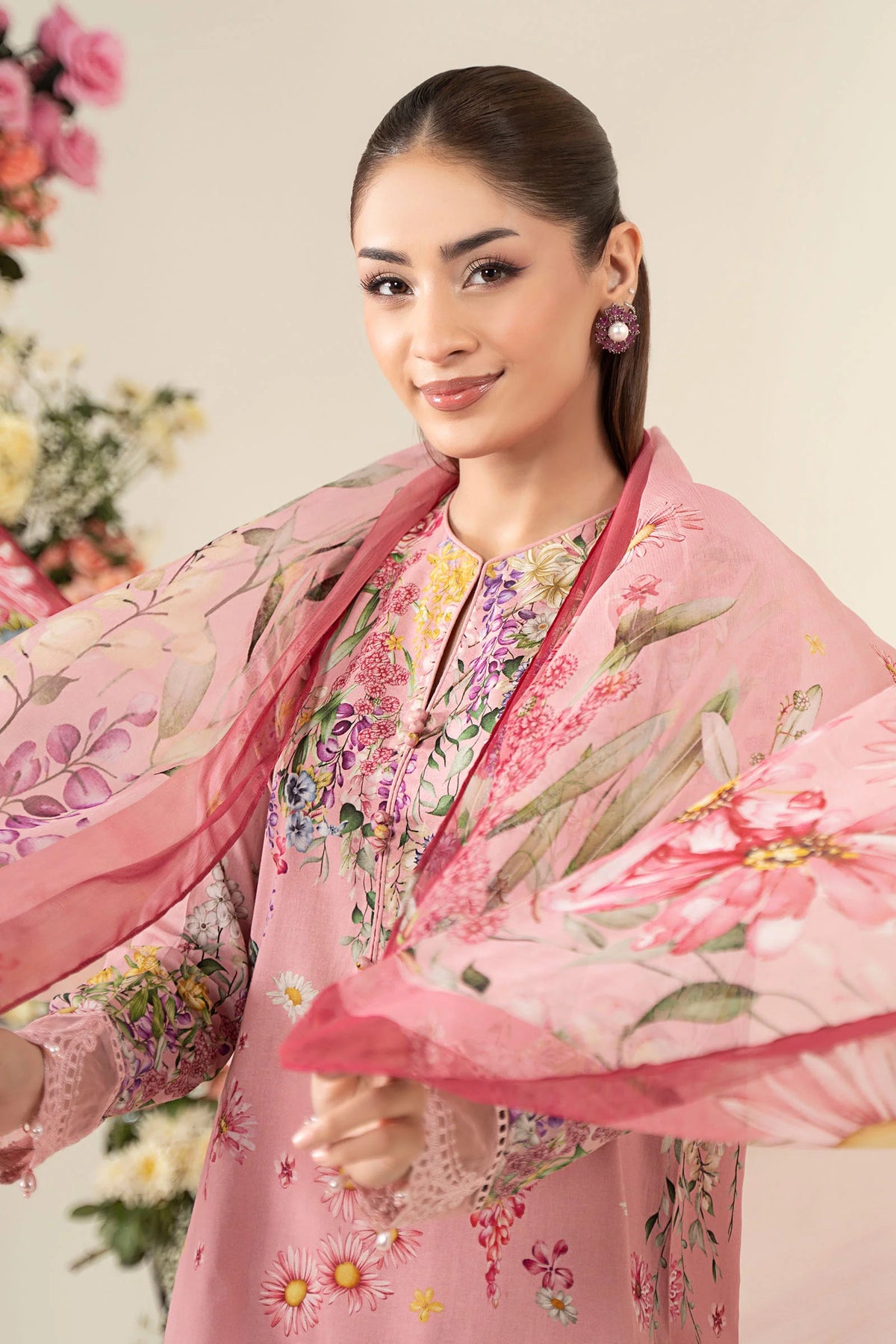 Blush Pink Luxury Silk 3pc Suit - Embroidered Border & Printed Dupatta with Tassels - Ready to Wear Ireland