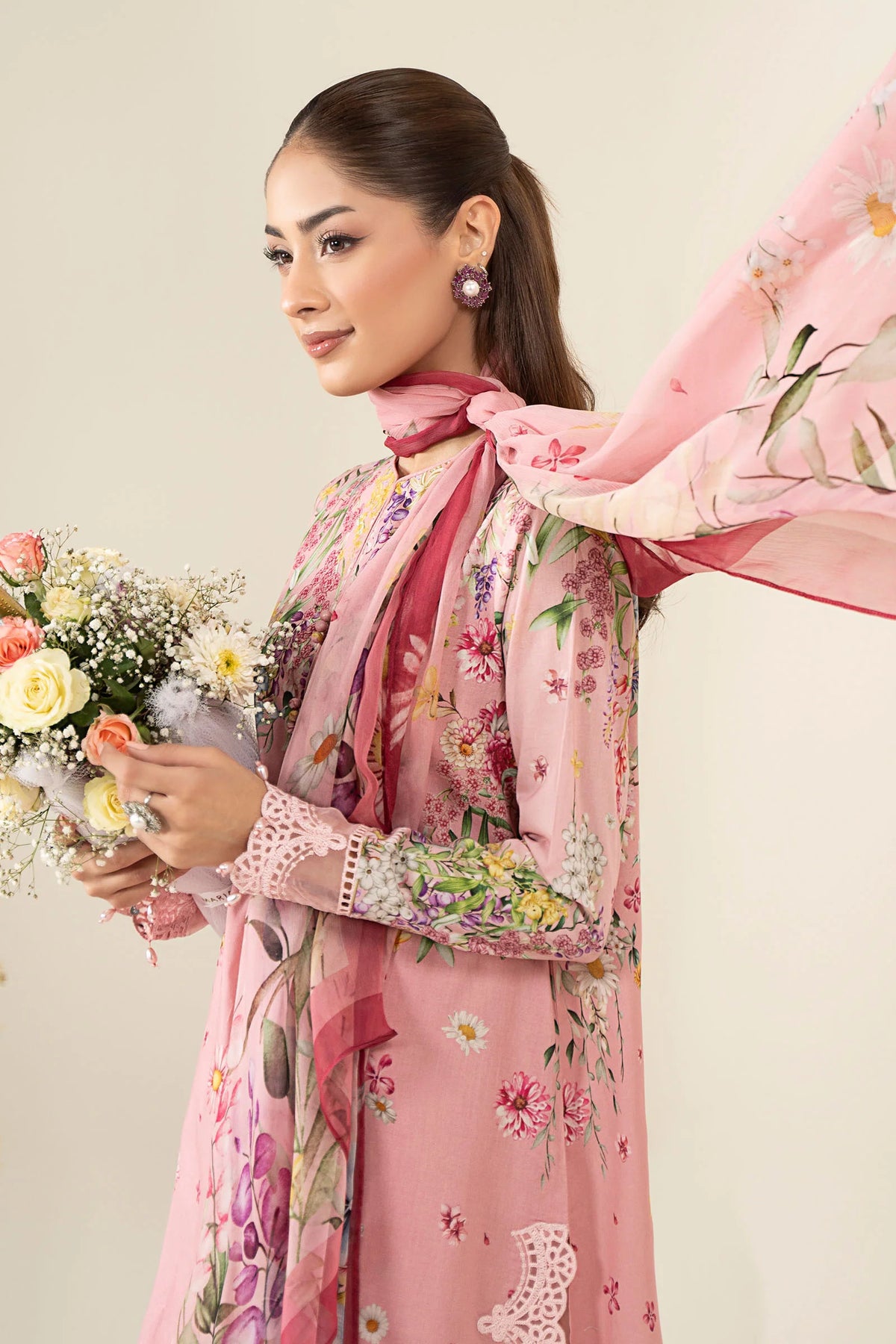 Blush Pink Luxury Silk 3pc Suit - Embroidered Border & Printed Dupatta with Tassels - Ready to Wear Ireland