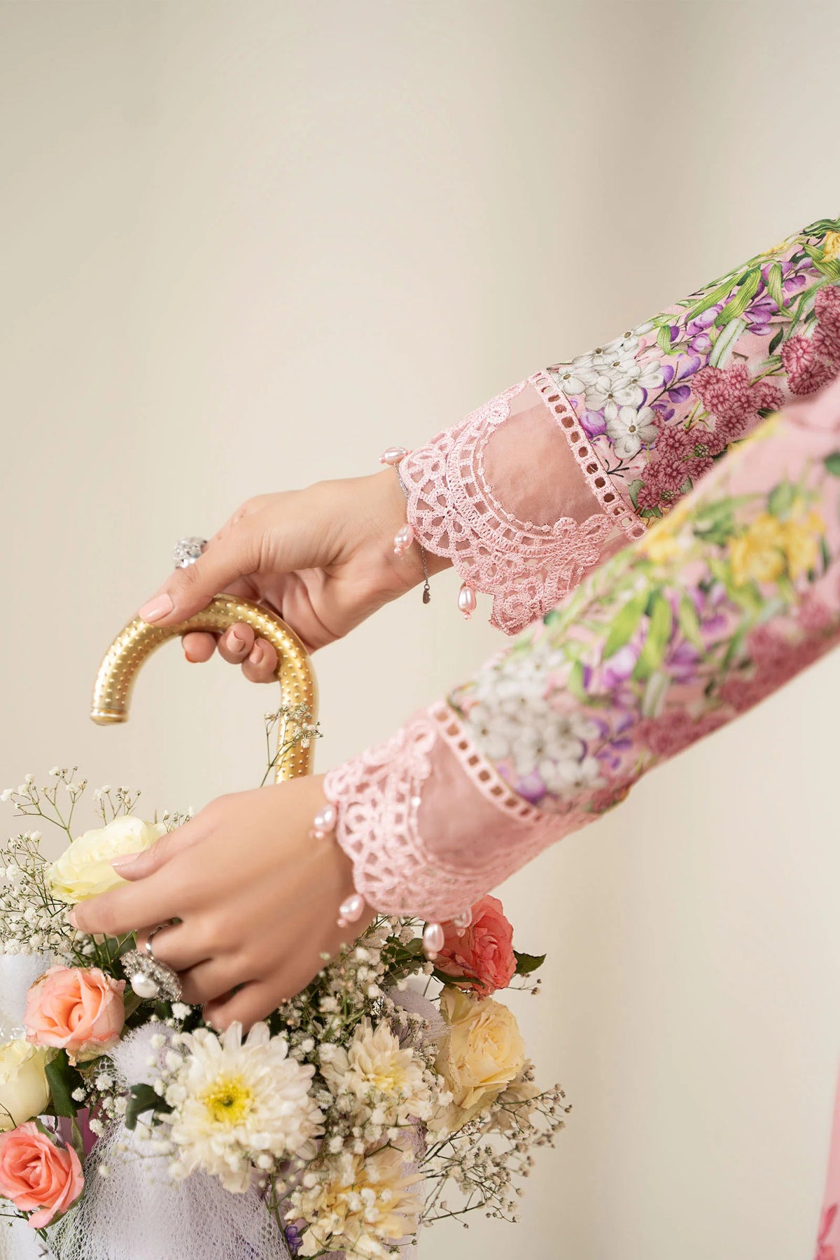 Blush Pink Luxury Silk 3pc Suit - Embroidered Border & Printed Dupatta with Tassels - Ready to Wear Ireland
