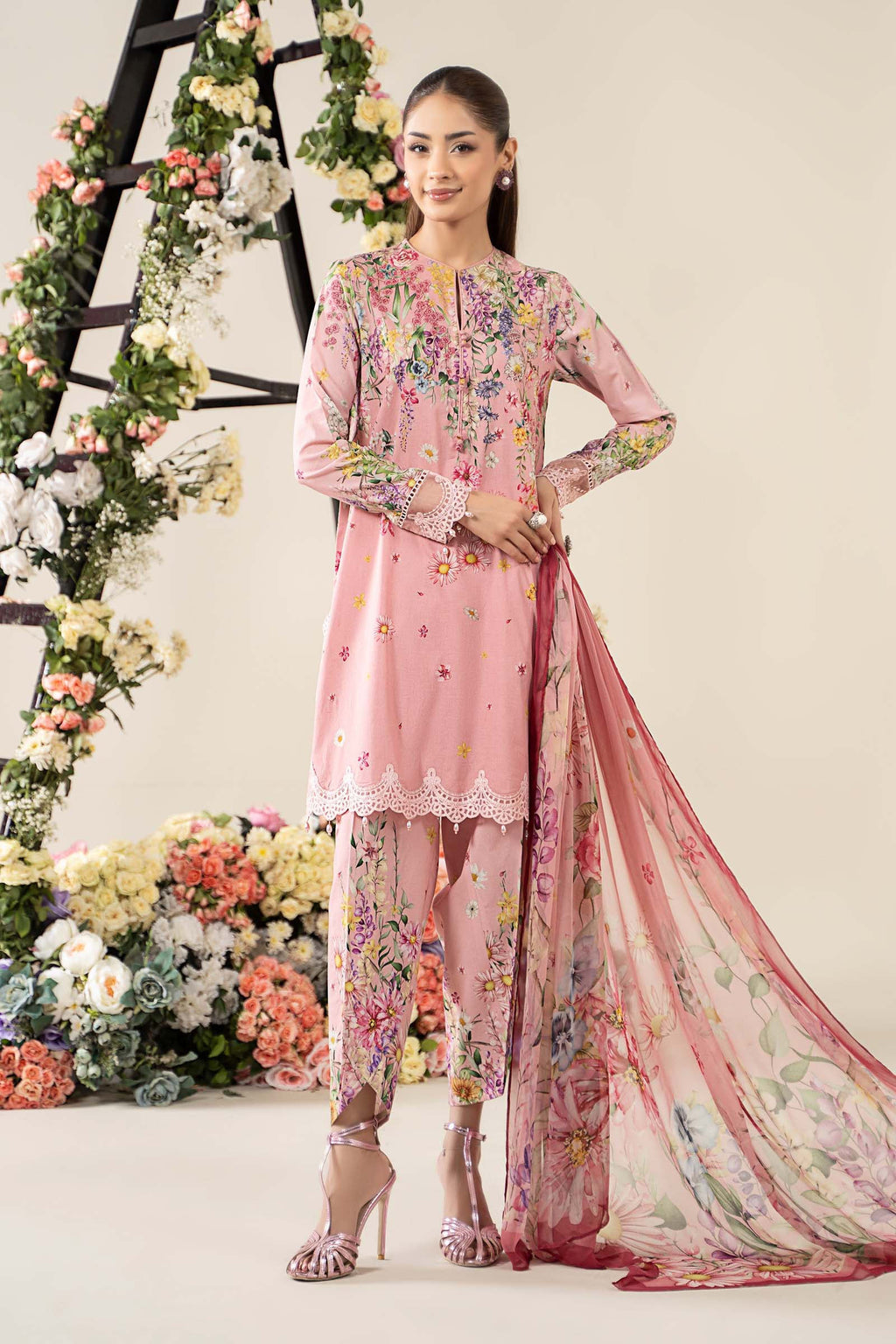 Blush Pink Luxury Silk 3pc Suit - Embroidered Border & Printed Dupatta with Tassels - Ready to Wear Ireland