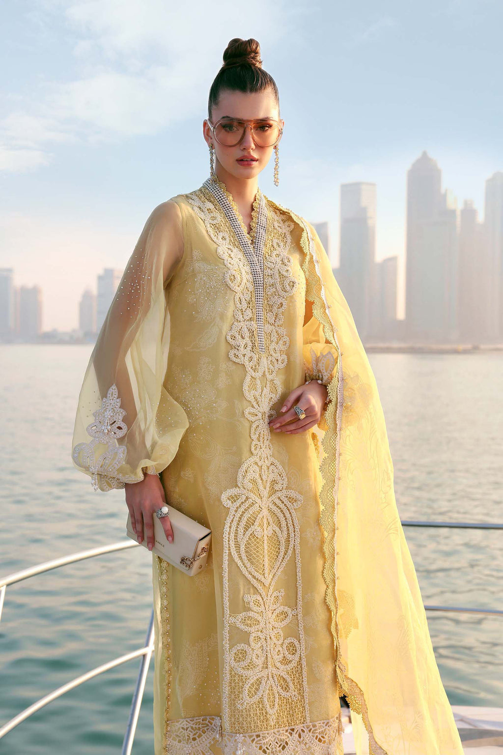 Organza 3pc Embroidered Luxury Partywear 1008 YELLOW
