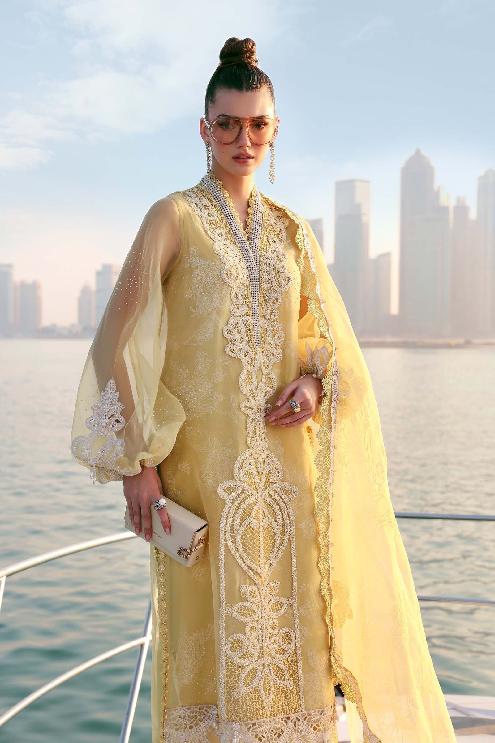 Organza 3pc Embroidered Luxury Partywear 1008 YELLOW