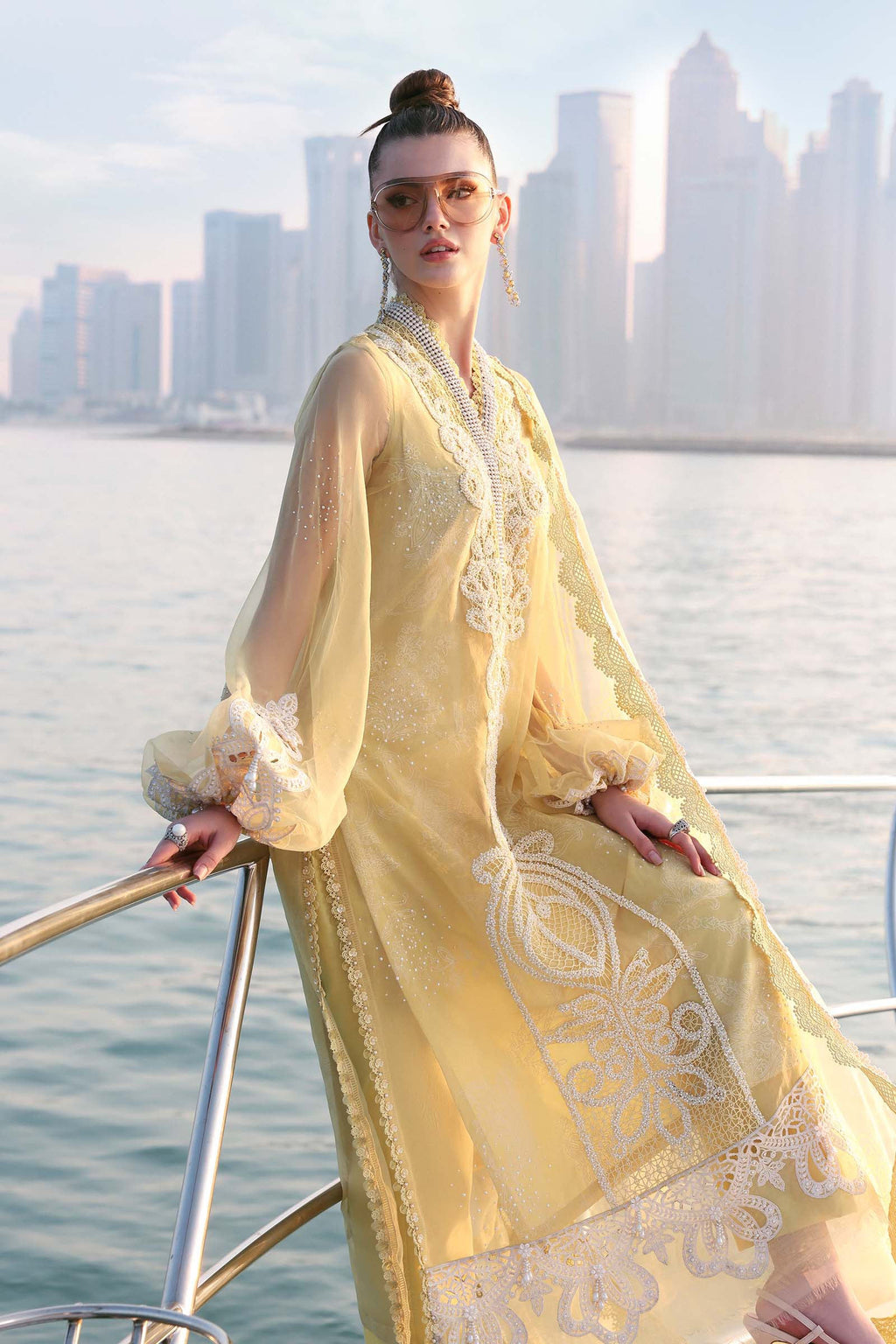 Organza 3pc Embroidered Luxury Partywear 1008 YELLOW