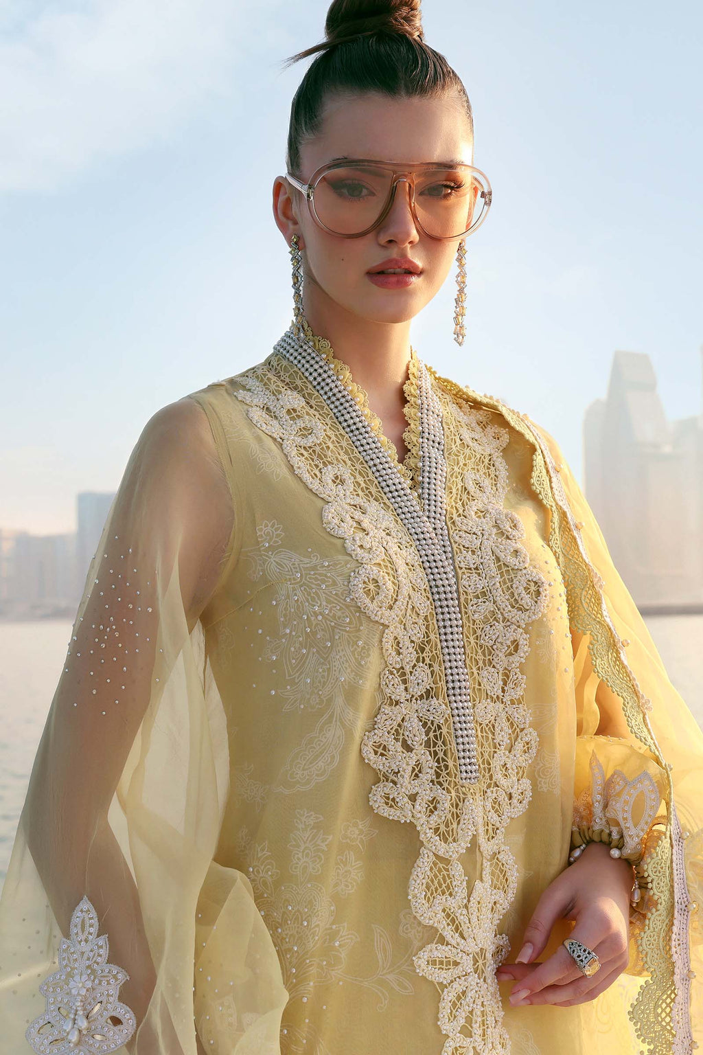 Organza 3pc Embroidered Luxury Partywear 1008 YELLOW
