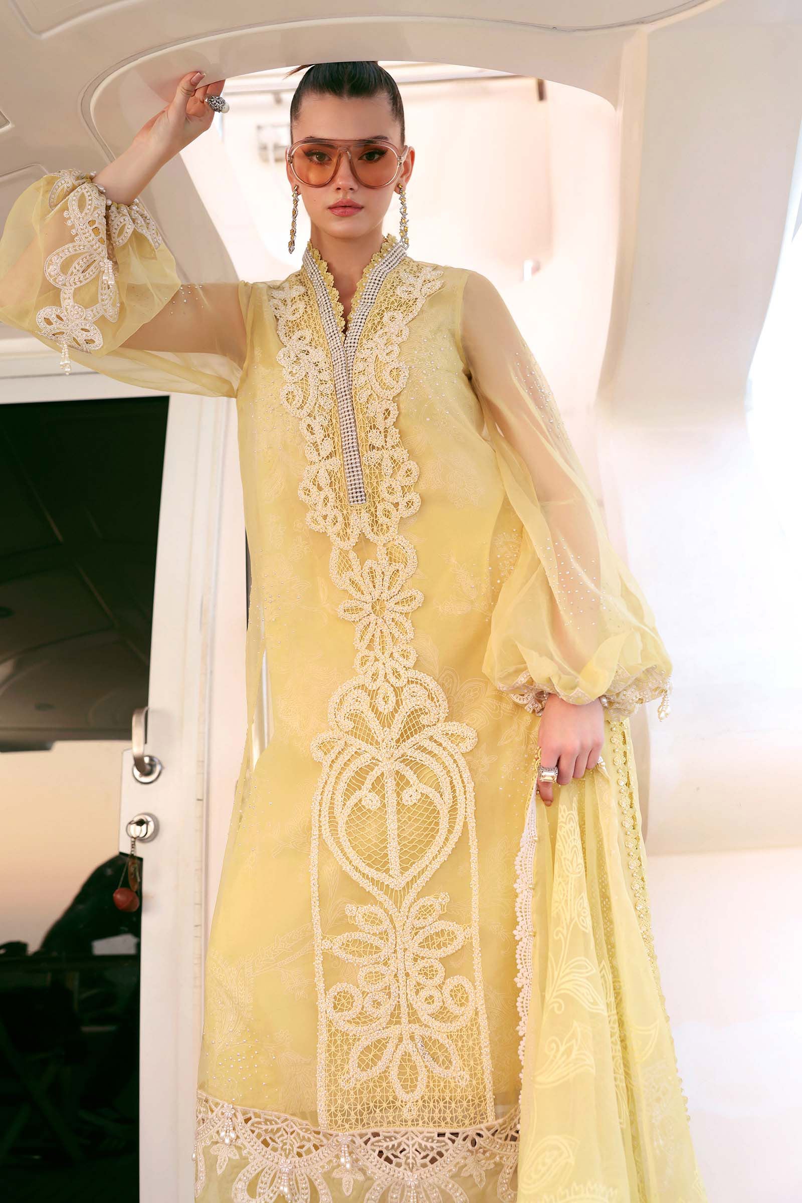 Organza 3pc Embroidered Luxury Partywear 1008 YELLOW