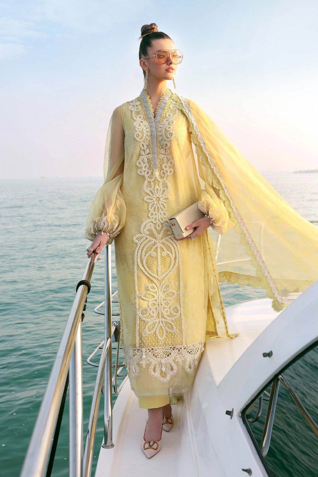 Organza 3pc Embroidered Luxury Partywear 1008 YELLOW
