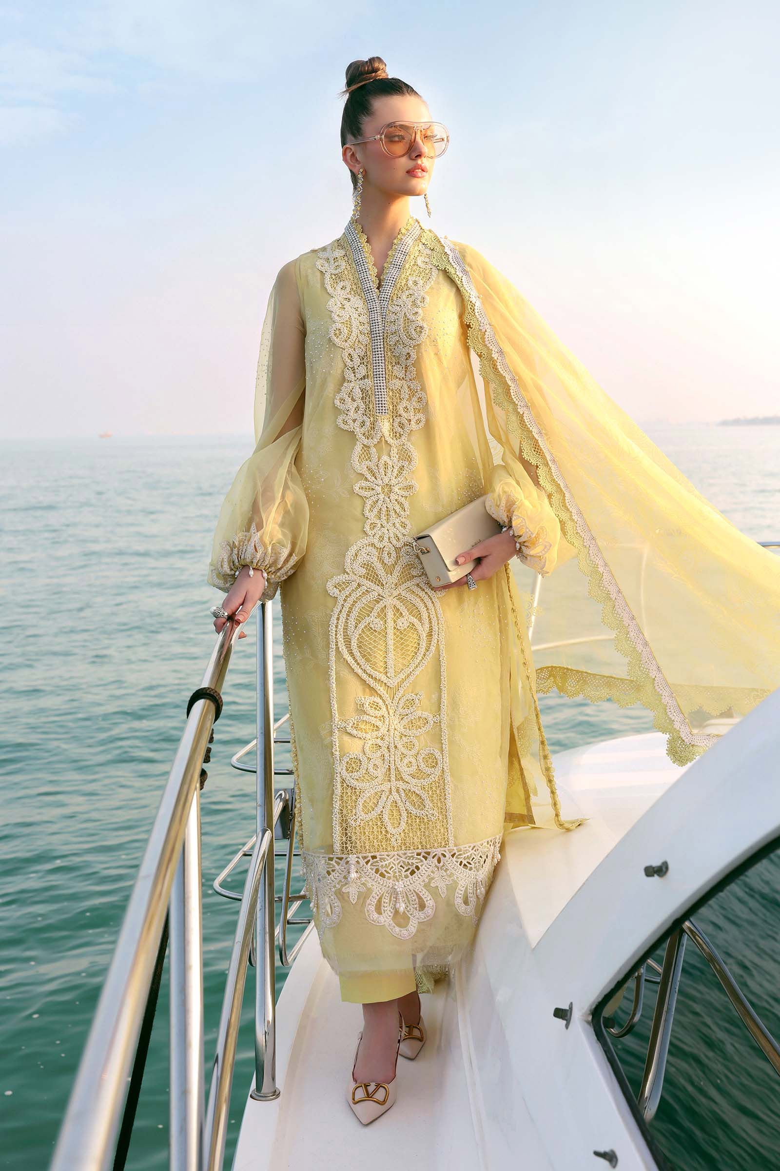Organza 3pc Embroidered Luxury Partywear 1008 YELLOW