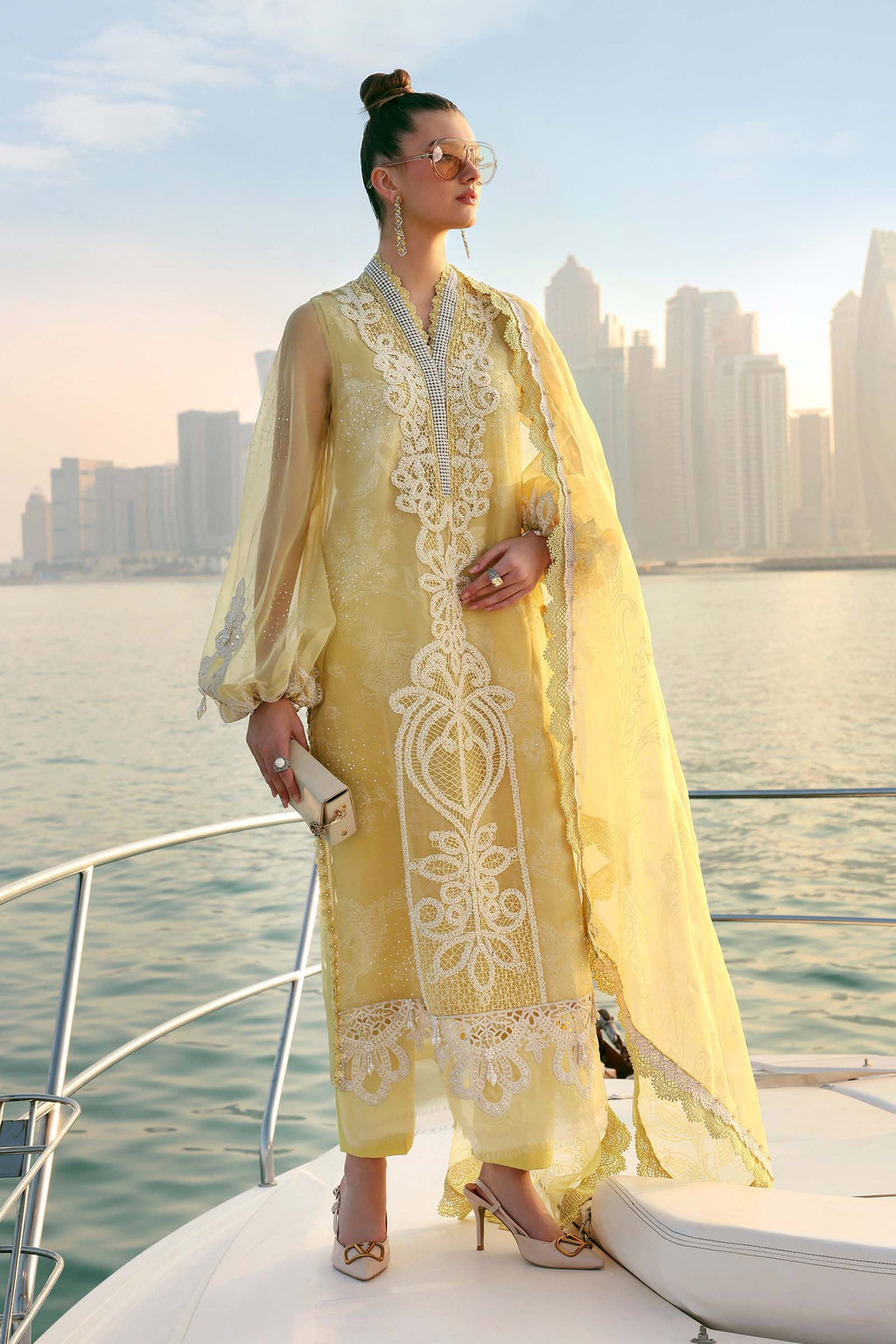 Organza 3pc Embroidered Luxury Partywear 1008 YELLOW
