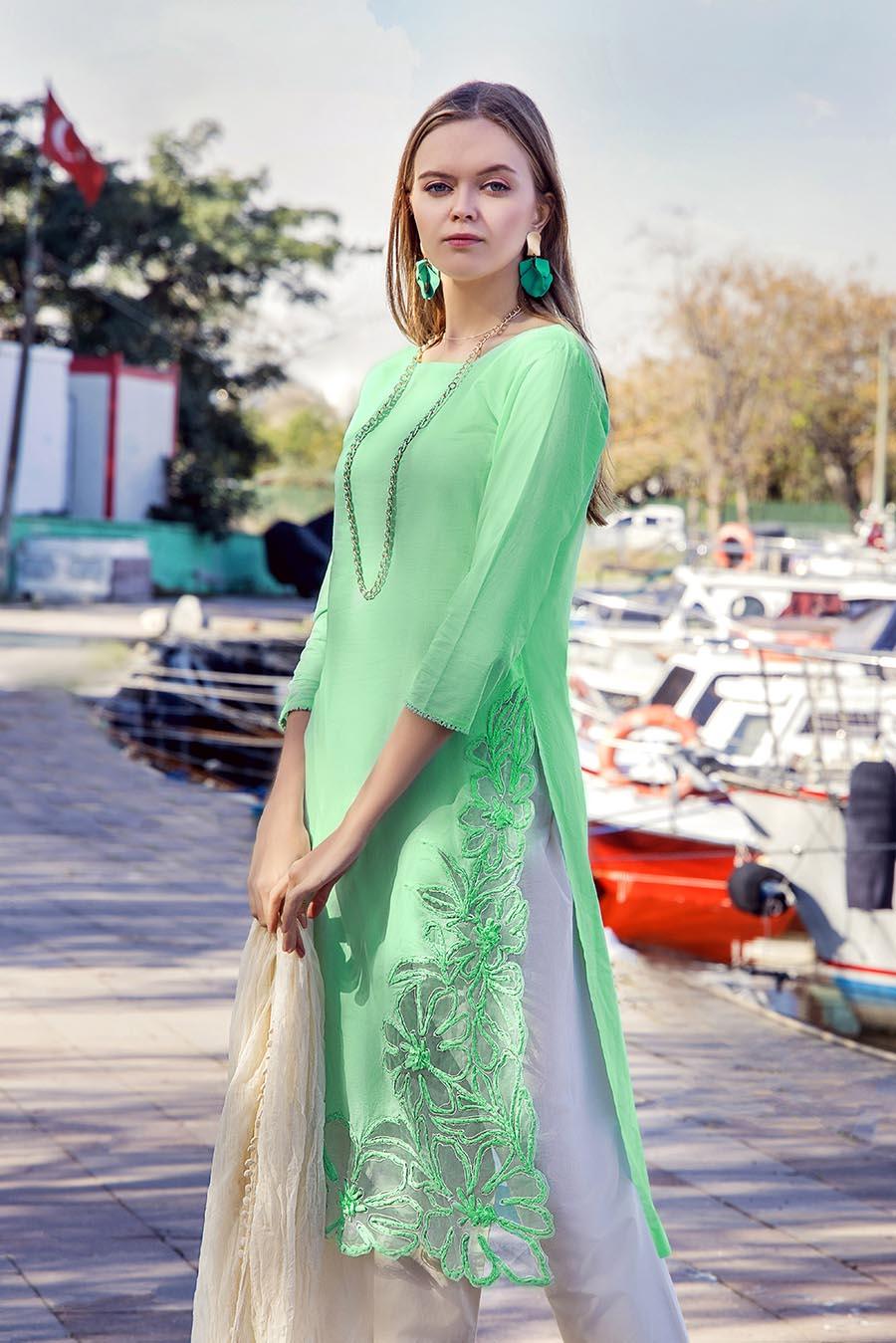 KHUDA BAKSH - Cotton Hand Embroidered Suit Tealish Green - 3pc
