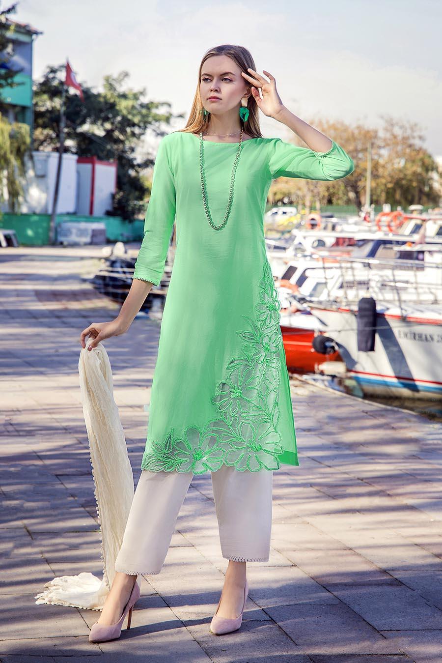 KHUDA BAKSH - Cotton Hand Embroidered Suit Tealish Green - 3pc