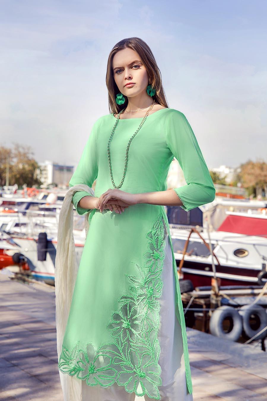 KHUDA BAKSH - Cotton Hand Embroidered Suit Tealish Green - 3pc
