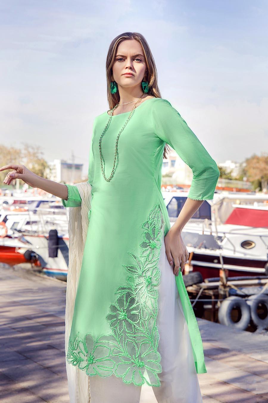 KHUDA BAKSH - Cotton Hand Embroidered Suit Tealish Green - 3pc