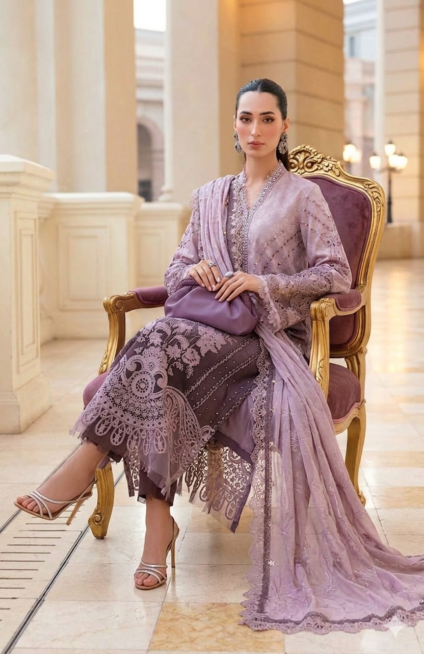Purple embroidered occasion suit with organza dupatta, seated view