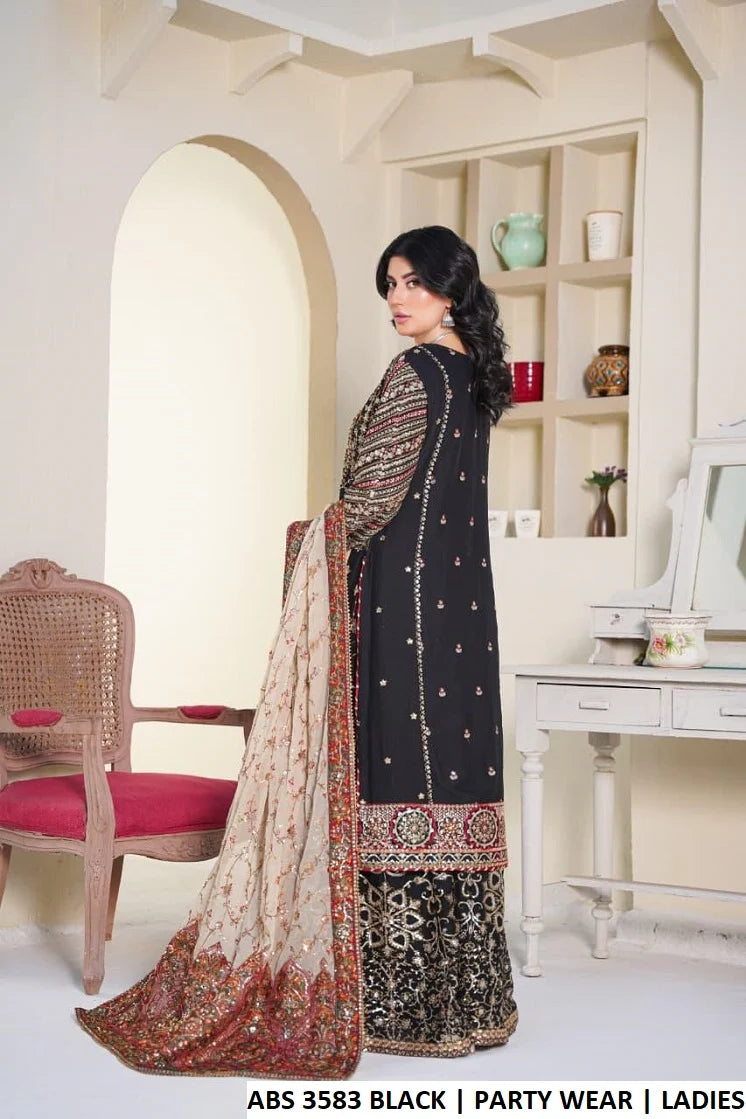 3pc Chiffon Embroidered Adda Work Suit JET BLACK 151