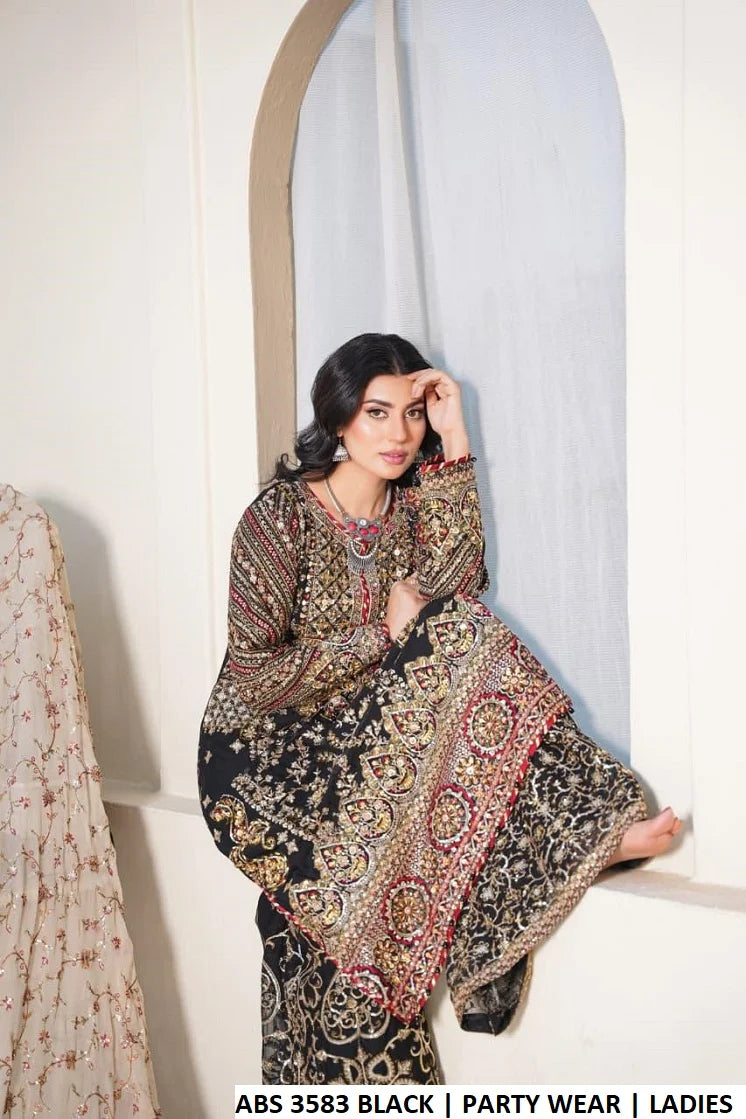3pc Chiffon Embroidered Adda Work Suit JET BLACK 151