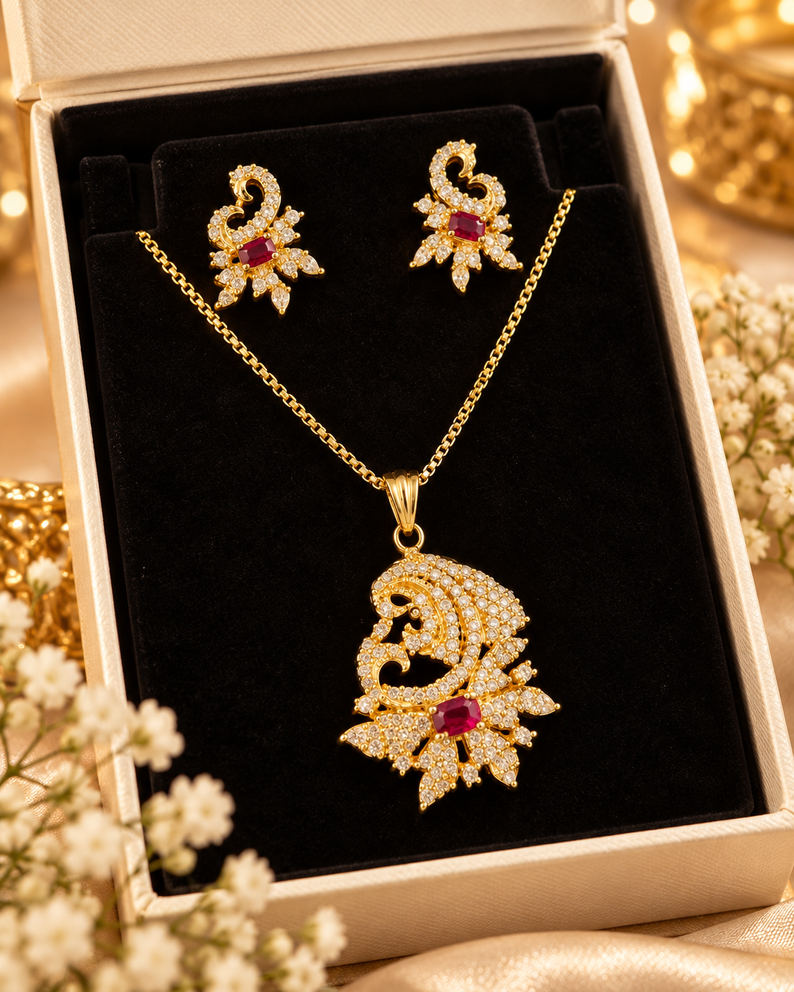 Gold and pink ornate pendant necklace with matching earrings and clear stones