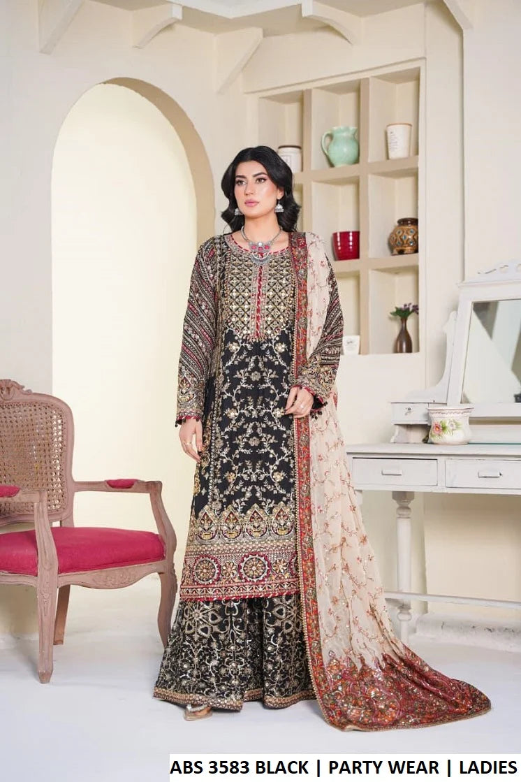 3pc Chiffon Embroidered Adda Work Suit JET BLACK 151