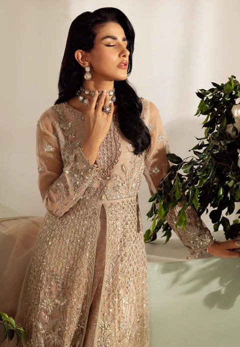 Close view of embroidered organza front-open long maxi