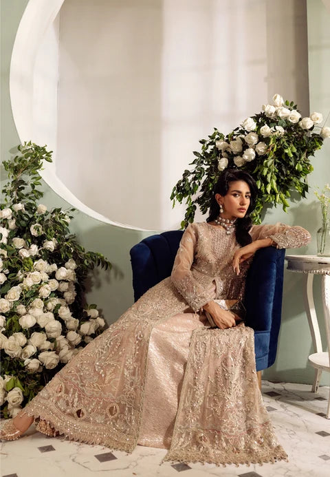 Embroidered front-open formal maxi with organza dupatta, seated view