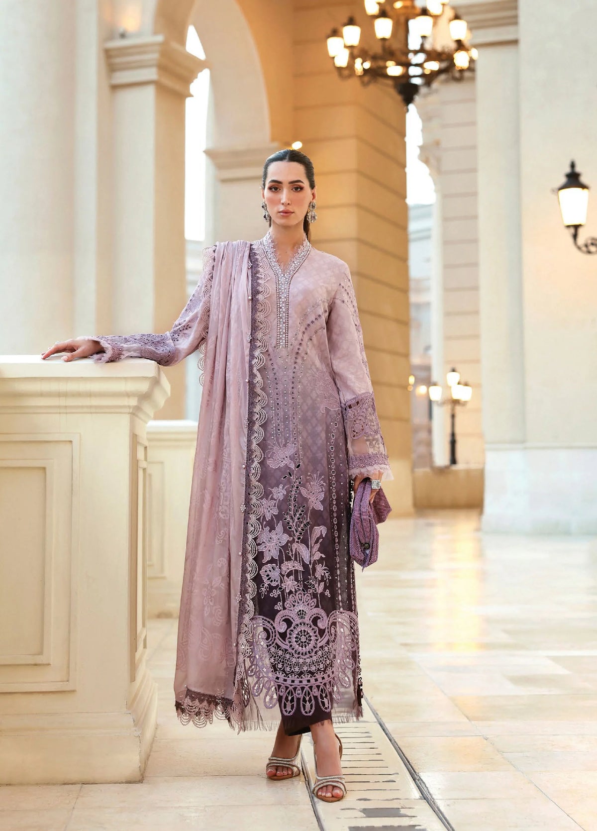Full view of purple embroidered viscose suit with organza dupatta