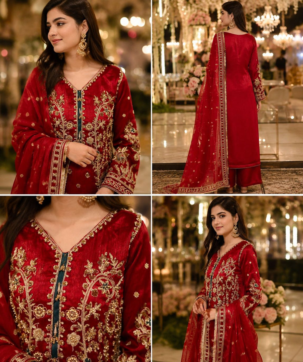 3pc Embroidered Silk Designer Dress 0215