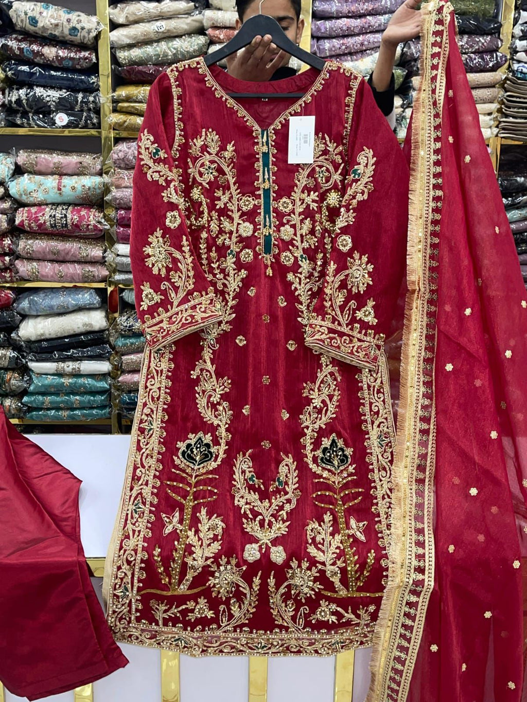3pc Embroidered Silk Designer Dress 0215