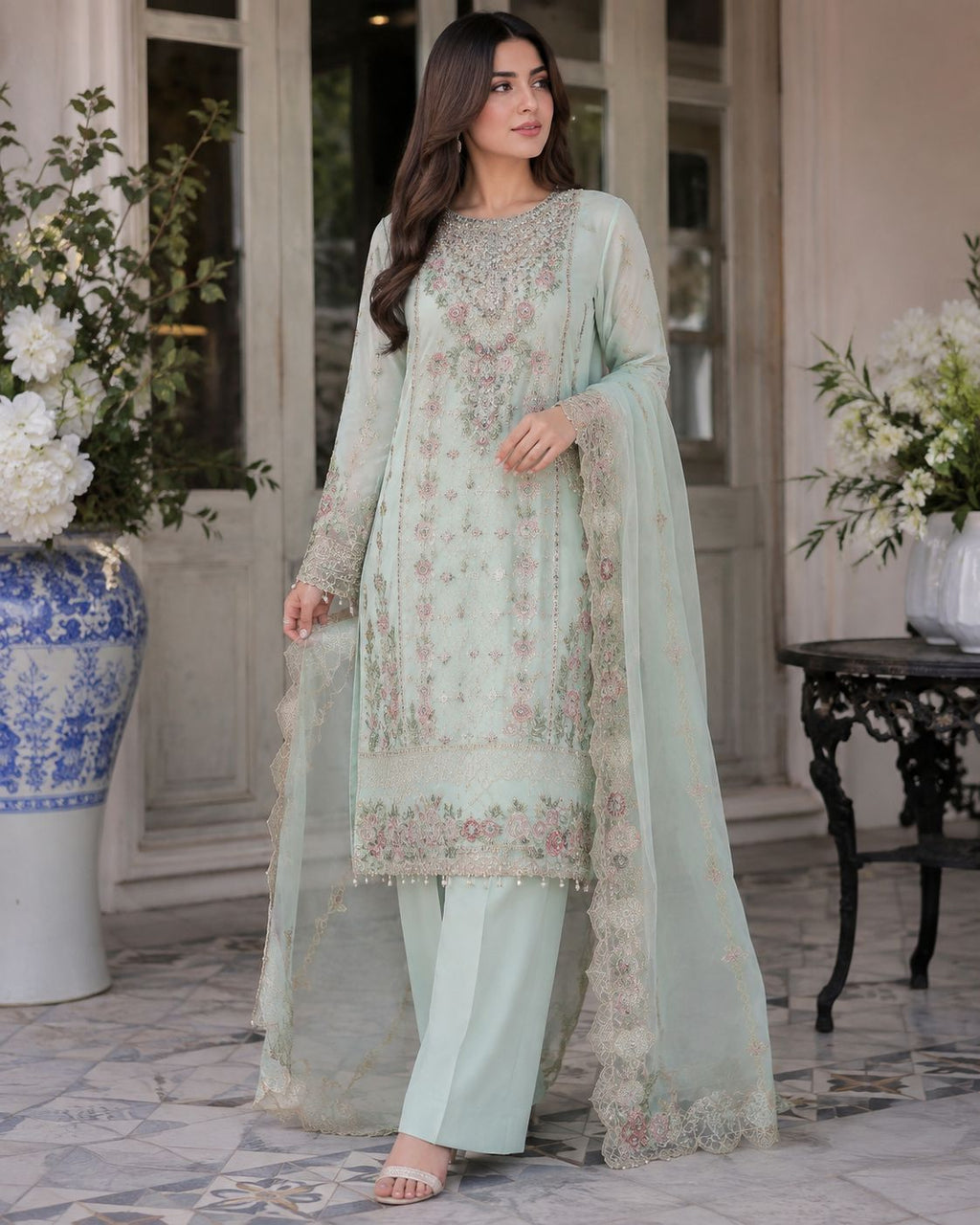 Chiffon Straight Shirt 3PC with 3D Embroidered Flowers | Grip Capri + Chiffon Dupatta