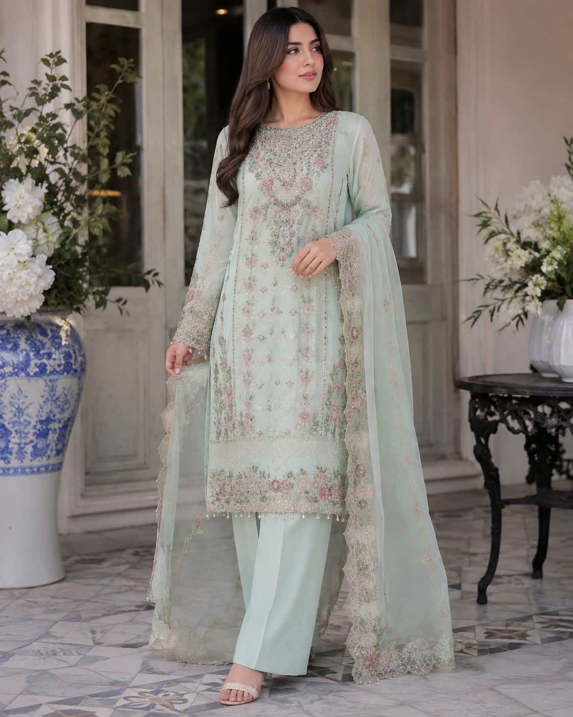 Chiffon Straight Shirt 3PC with 3D Embroidered Flowers | Grip Capri + Chiffon Dupatta