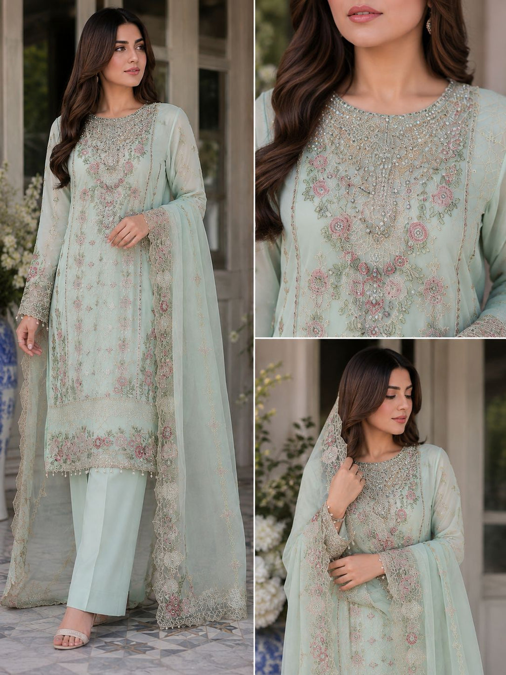 Chiffon Straight Shirt 3PC with 3D Embroidered Flowers | Grip Capri + Chiffon Dupatta