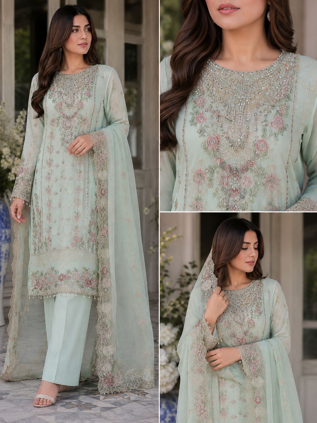 Chiffon Straight Shirt 3PC with 3D Embroidered Flowers | Grip Capri + Chiffon Dupatta