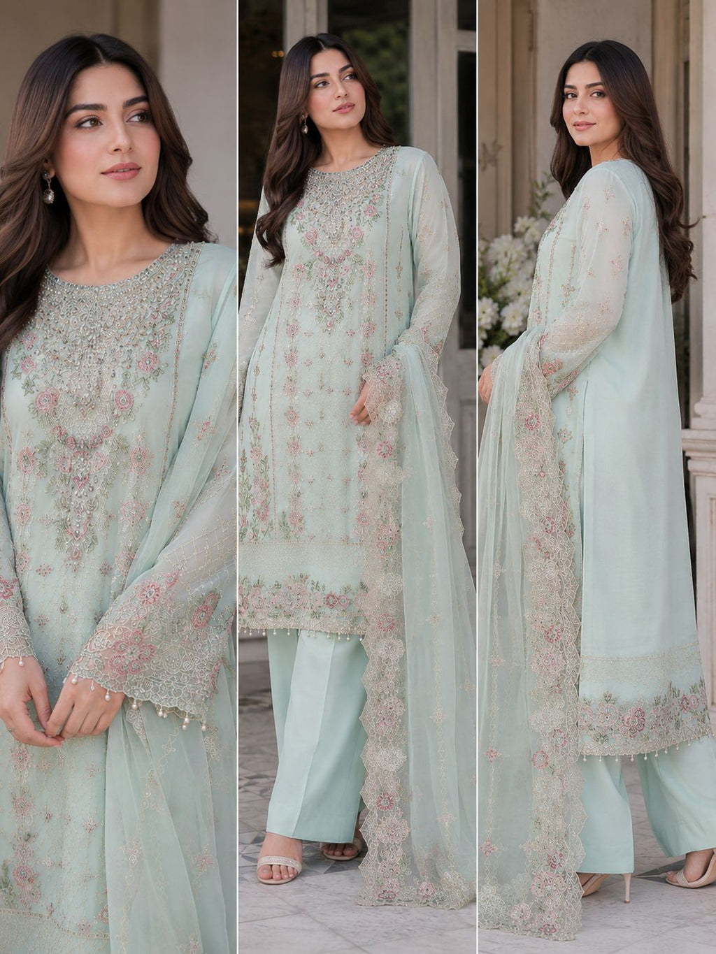 Chiffon Straight Shirt 3PC with 3D Embroidered Flowers | Grip Capri + Chiffon Dupatta